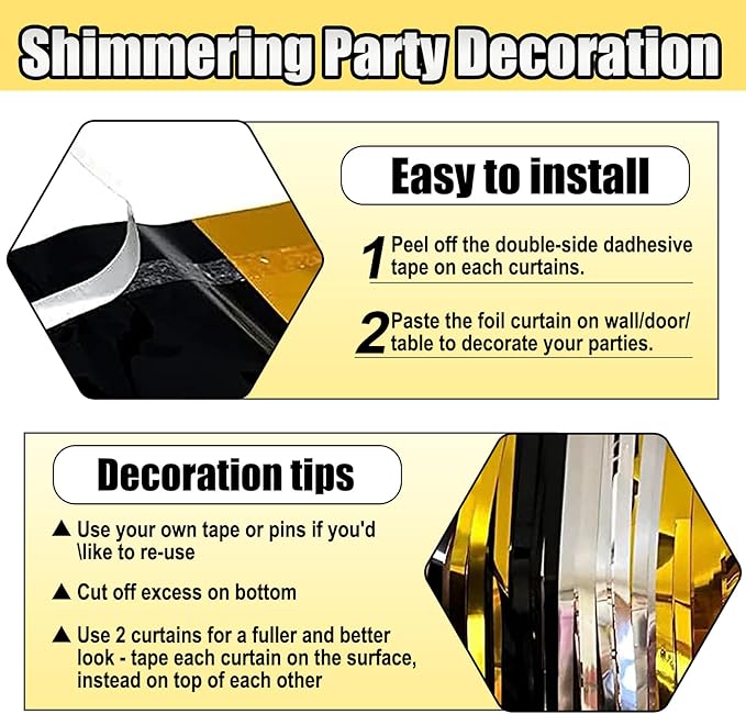 3 Pack Black Gold Silver Foil Fringe Curtain Backdrop, 3.28Ft x 6.6Ft Metallic Tinsel Foil Fringe Streamer Curtains for Photo Booth, Christmas Day, Thanksgiving, Wedding, New Year Party Decorations