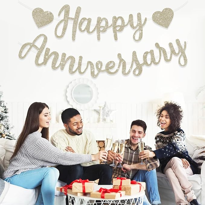 BEISHIDA Champagne Gold Happy Anniversary Banner, Pre-Strung - Glitter Happy Anniversary Banner,NO DIY - Glitter Garland Sign for Wedding Engagement Party Decorations & Decor