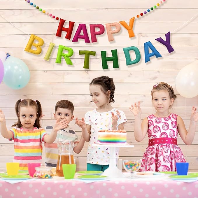 LOLStar Happy Birthday Banner Felt Ball Garland Colorful Dainty Pre-Strung Rainbow Birthday Banner Reusable Happy Birthday Sign Photo Booth Props Primary Color Birthday Party Decoration for Kids Girls