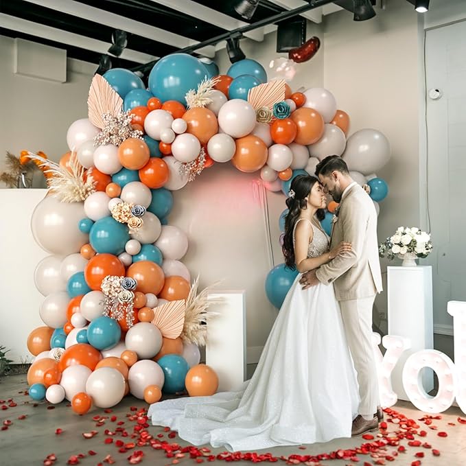Orange and Dusty Blue Balloon Arch Garland, Double Stuffed Beige Burnt Orange White Sand Balloon Dark Teal Balloon Arch Kit for Boho Baby Shower Birthday Wedding Fall Party Supplies Decoration