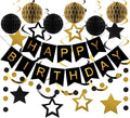 meowtastic Birthday Decorations, Happy Birthday Banner with Honeycomb Balls, Star Hanging Swirl Streamers, Circle Dot Garland, Happy Birthday Party Decorations for Women Men Boys Girls (Black & Gold)