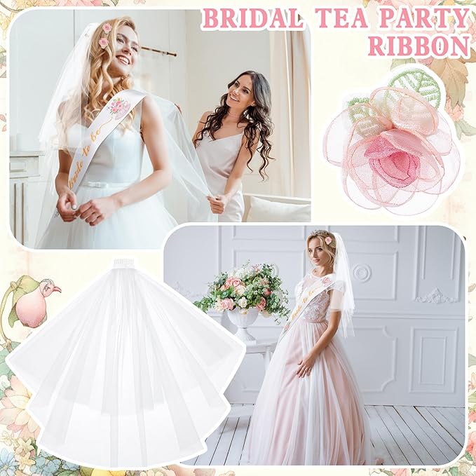 4 Pcs Tea Party Bridal Shower Favor Floral Tea Bride to Be Sash and Veil Bachelorette Party Decorations Flowers Teapot Theme Wedding Satin Sash Bridal Shower Gifts Engagement Supplies