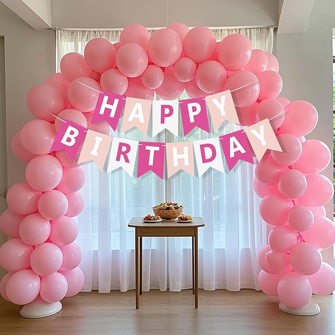 Happy Birthday Banner Sign, Birthday Garland Wall Door Hanging Banners Flag for Women Men Boys Girls Party Backdrop Decorations, Personalized Name Banner White Letters Pink and White ﻿