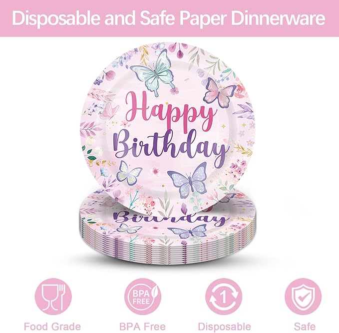 Spring Butterfly Themed Party Decorations Supplies Butterfly Flower Themed Party Tableware Set Include Plates, Cups, Napkins,Cutlery and Straw for Gril Birthday Party Decorations Serves 24
