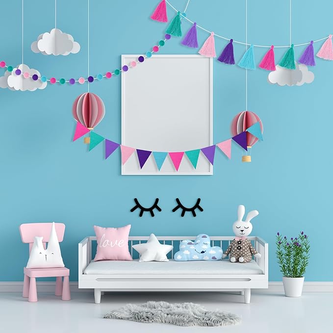 Irenare 9.8ft Pom Pom Garland Felt Rainbow Garland Graduation Party Decoration Colorful Pennant Tassel Banner Birthday Baby Shower Triangle Banner for Classroom School Mantel Fireplace(Mermaid Colors)
