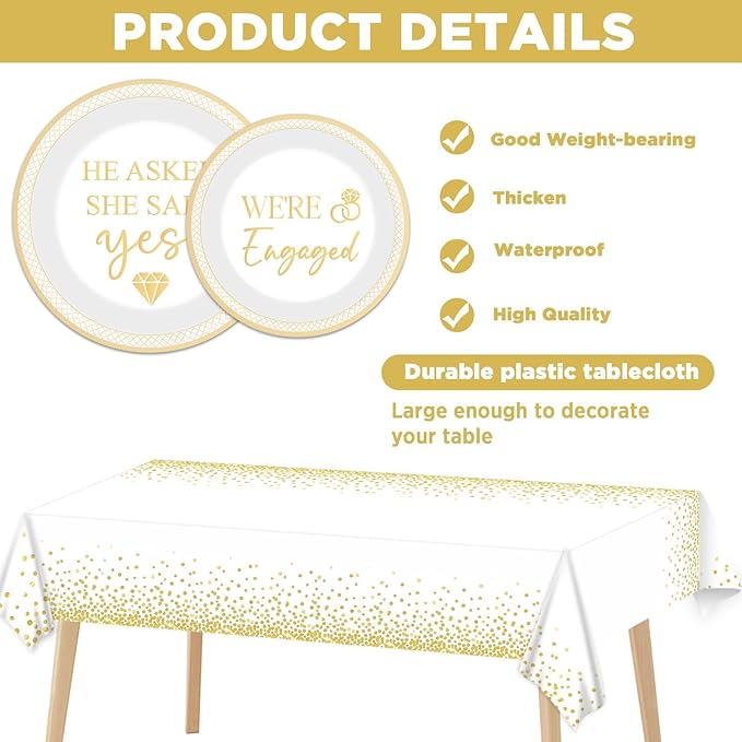 100PCS Engagement Party Decorations She Said Yes Paper Plates Napkins Wedding Tablecloth Glitter Happy Engagement Banner Golden Streamers Garland for Bachelorette Bridal Shower Supplies for 24 Guests