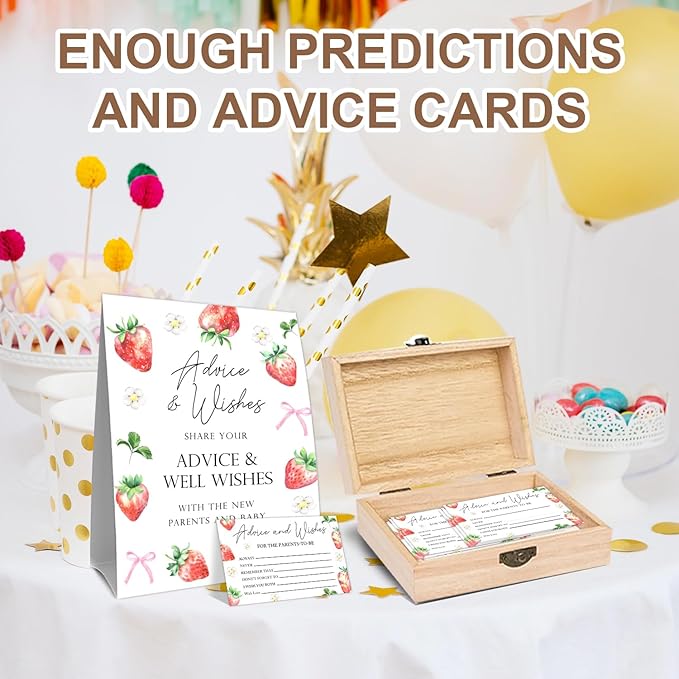 Strawberry Bow Baby Shower Advice Cards Box, Babies Party Decor Gifts, Baby Shower Wishes and Advice Card Boxes for Babies Party, 50 Double Sided Strawberry Cards, Wooden Advice Boxes for New Parents