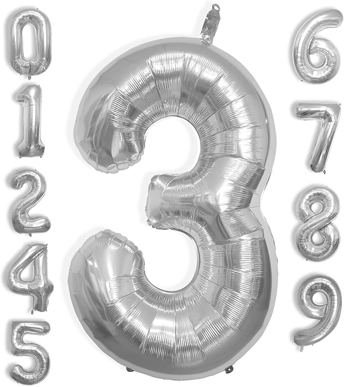 40 Inch Large Silver Number Celebration and Decoration Balloon for Birthday Parties, Graduations, Anniversaries, Weddings, Photo Shoots, Special Events - Helium Foil (Silver Number 3)