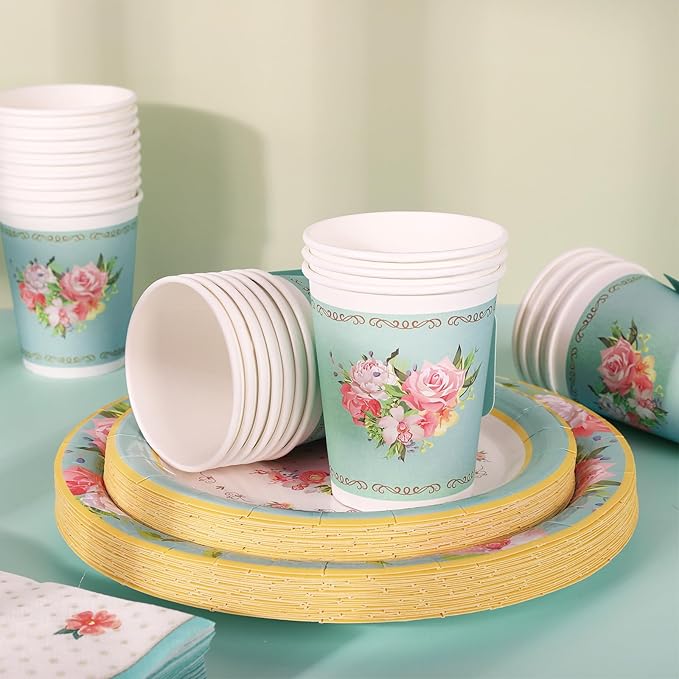 Whaline Tea Party Tableware Supplies Serves 24 Floral Tea Party Disposable Paper Dinnerware 24 9" Plates 24 7" Saucer Plate 24 9oz Tea Cups with Handle 48 Luncheon Napkins for Birthday Bridal Shower