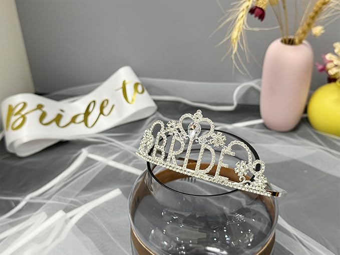 JETKONG 3 Pcs Bachelorette Party Decorations BRIDE Crown, Bride to Be Sash&Veil for Women Bachelorette Party Gifts, Bridal Shower Supplies, Gifts, Favors (Silver)