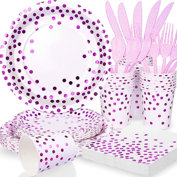 Purple Birthday Plates Decorations Party Supplies,168PCS Disposable Plates for 24 Guests - Purple Polka Dots Decorations for Birthday, Retirement, Wedding