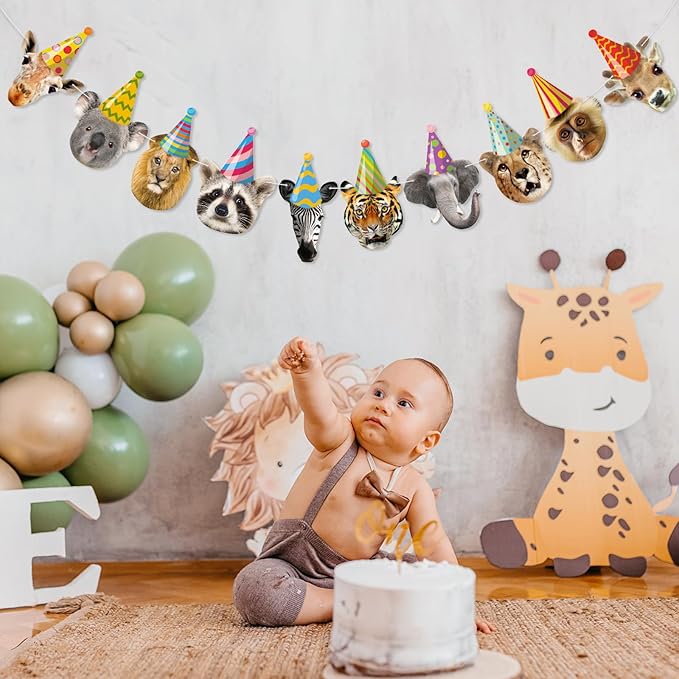 Hooqict Safari Animals Happy Birthday Banner Animal Birthday Party Decorations Party Animal Banner Garland for Jungle Birthday Decorations Kids Wild Zoo Party Supplies