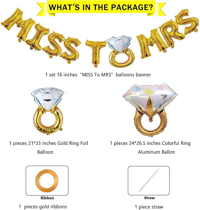 SHUNTAI Gold Engagement Party Decorations Ring Balloons Gold 16 inch Miss to Mrs Letter Balloons Banner Kit Engagement Aluminum Balloon for Wedding Bridal Shower Party Decor