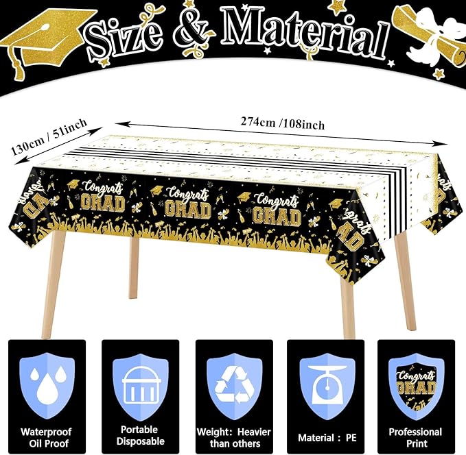 chiazllta Set of 3 Graduation Tablecloths Class of 2026 Congrats Grad Black Graduation Party Tablecover Decorations Party Supplies Large Size Plastic 54"x108"(Black & Gold)