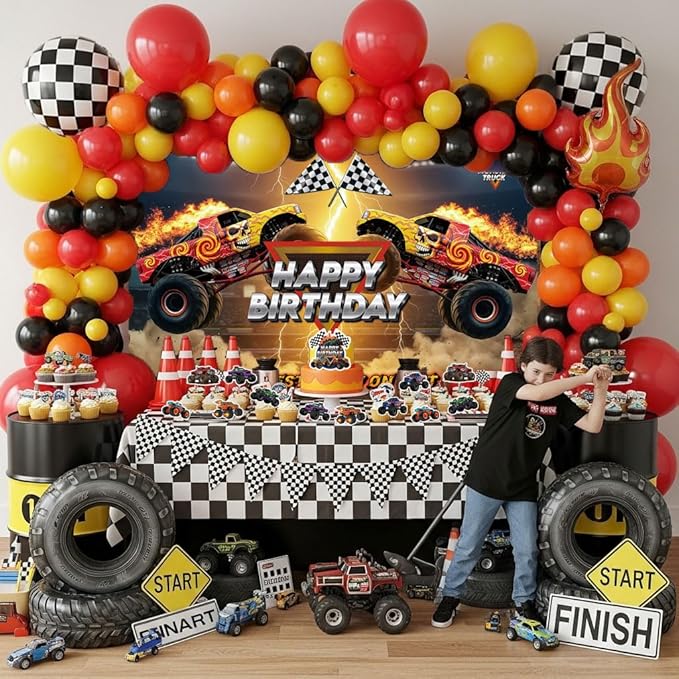 Monster Truck Birthday Decorations include Red Orange Yellow Balloons Ribbon Arch Cake Paper Card Toppers Tablecloth Backdrop Truck Birthday Decor for Boys Racing Party Decoration Supplies