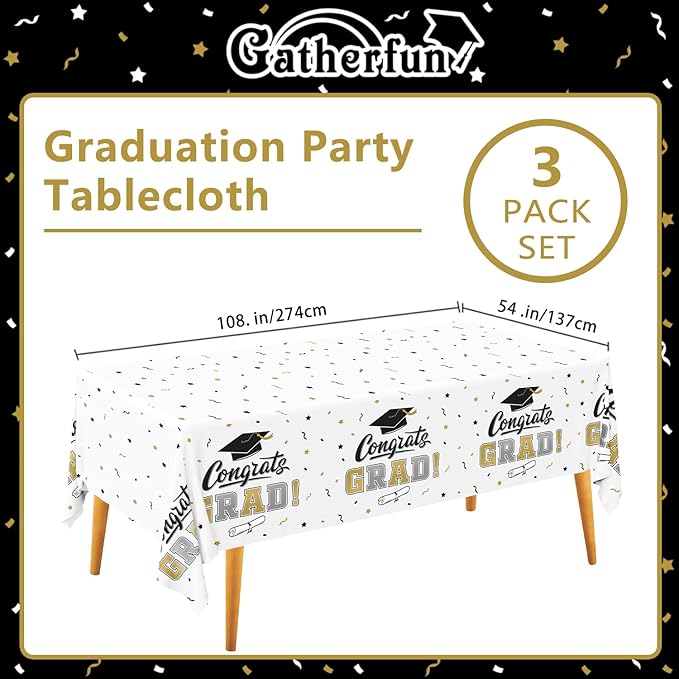 Gatherfun Graduation Decorations, Gongrats Grad Tablecover for Graduation Party Supplies, 3 pcs Class of 2026 Table Cloths, 54"x108" (White and Gold)