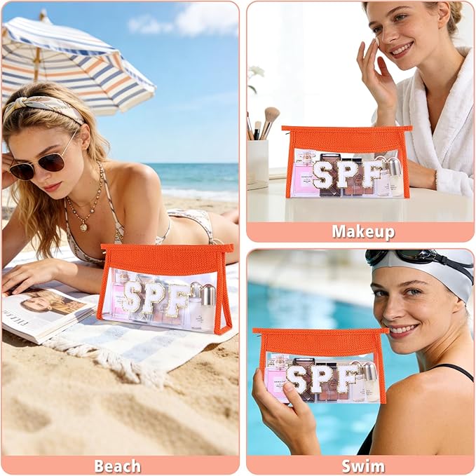 SPF Sunscreen Bag Clear Makeup Bag Chenille Letter SPF Cosmetic Zipper Pouch Summer Beach Essential Cute Toiletry Pouch Travel Accessories Gifts for Women
