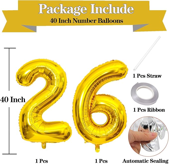 Large Gold 26 Number Balloons, 40 Inch Jumbo Number 26 Balloon, Gold Foil Mylar Balloons for Girl Sweet 26th/62th Birthday Party, Anniversary Decorations