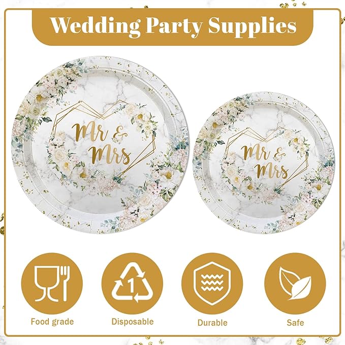 MEHOFOND 193 pcs White Wedding Party Decorations, Mr and Mrs Paper Plates Cup and Nakpins Set, Floral Wedding Disposable Dinnerware with Tablecloth, Bridal Shower Disposable Party Supplies, 24 Guests