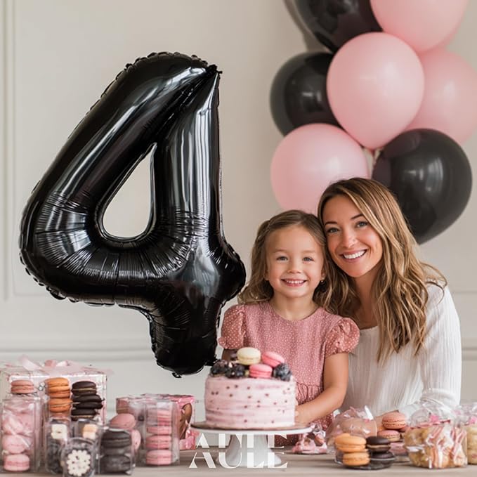 AULE 40 Inch Big Black 4 Balloon Number Large Foil Helium Number Balloons 0-9 Jumbo Giant Happy 4th Birthday Party Decorations for Boy or Girl Huge Mylar Anniversary Party Supplies