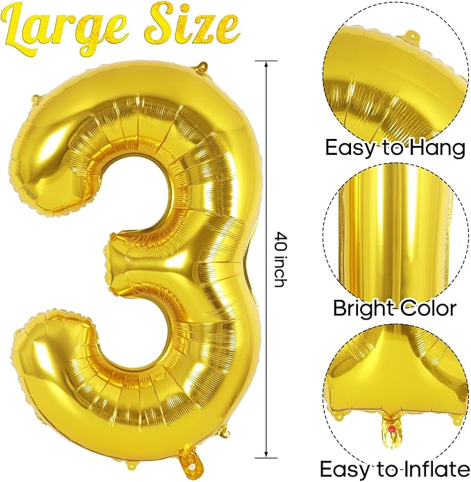Gold Number 3 Balloon 40 Inch, Big Large Foil Helium Number Balloons, Giant Mylar Number 3 Balloons for 3 Year Old Birthday Party Decorations Supplies Anniversary