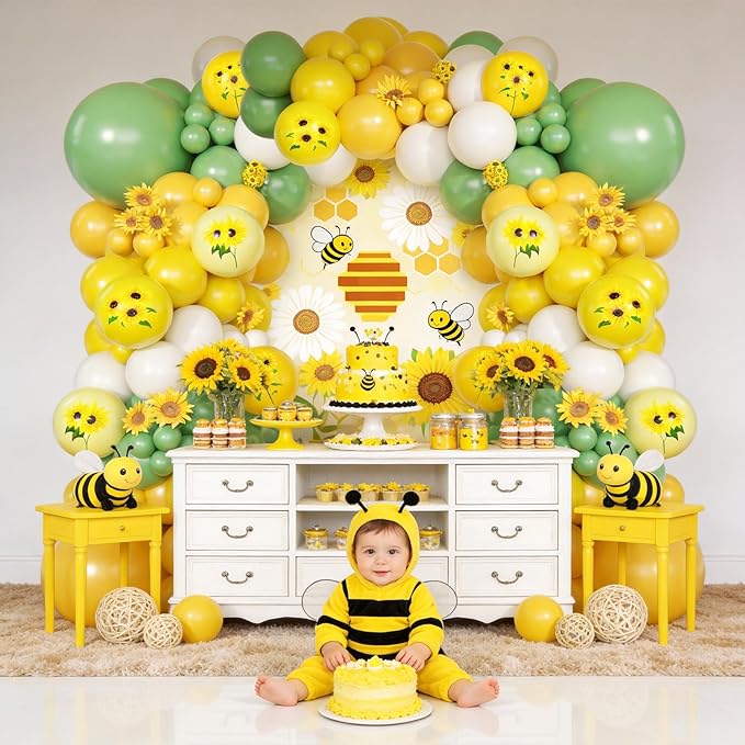 Sunflower Balloon Arch Kit, Yellow Sage Green White Party Balloons Garland with Sunflower Print Balloons for Kids Birthday Baby Shower Sunshine Sunflower Bee Themed Wedding Party Decor