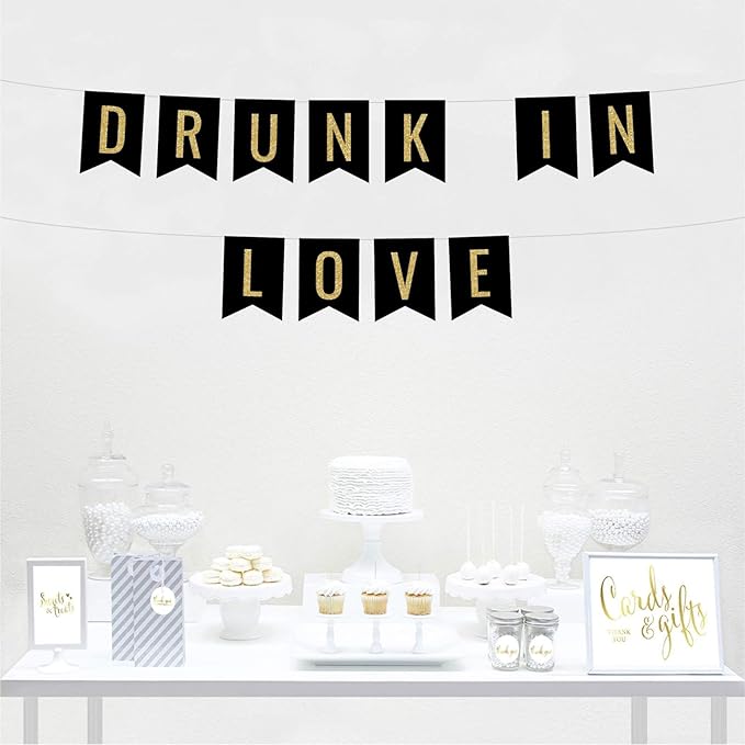 Andaz Press Faux Gold Glitter on Black Funny Alcohol Party Banner Decorations, Drunk in Love, Approx 5-Feet, 1-Set, Wedding Bridal Shower Bachelorette Birthday Colored Hanging Pennant Decor