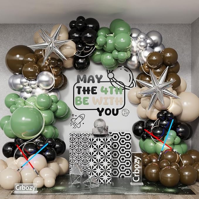 Galaxy Wars Party Decorations 149Pcs Sage Green Brown Balloon Garland Arch Kit Sand White Black Silver Balloons for Universe Star Birthday One With The Force Party Supplies