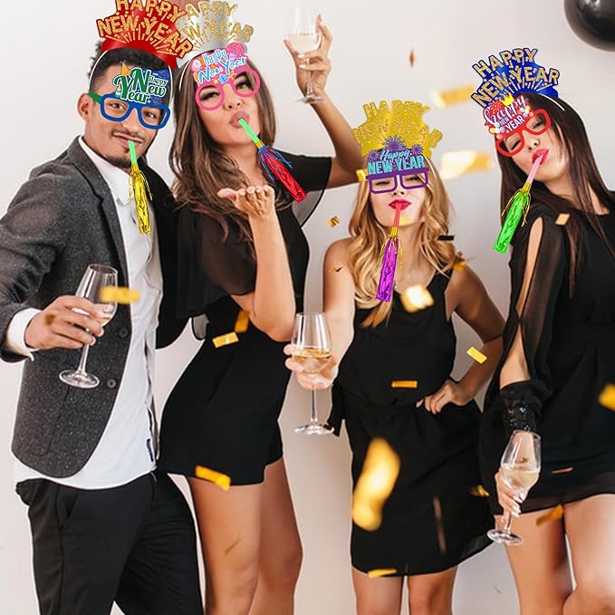Openfly 24Pcs New Years Eve Party Supplies 2026 Happy New Years Party Headband Hats New Year Glasses New Year Noise Makers