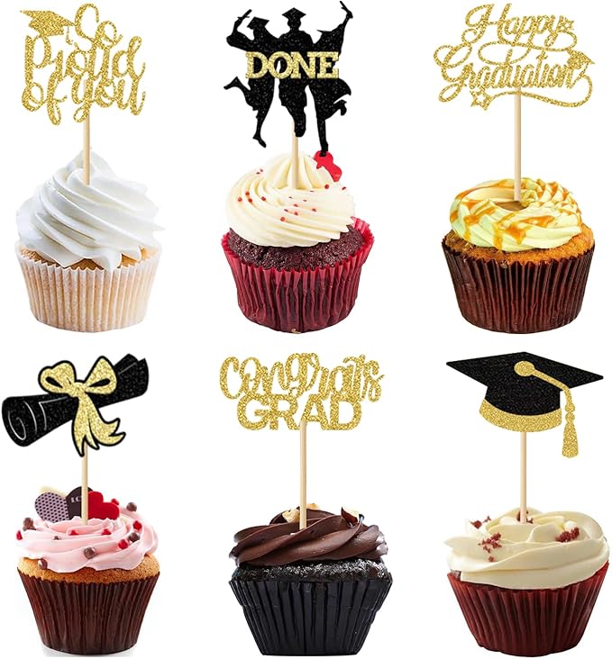 24 Pack 2026 Congrats Grad Cupcake Toppers Set, Graduation Cupcake Decor, Class of 2026 Cupcake Picks for Senior High School College Grad Party Decorations Supplies(Black with Gold) B