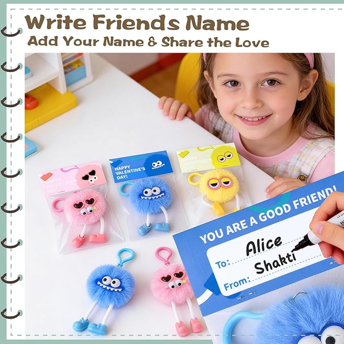 Valentines Day Gifts for Kids - 24 Pack Pre-filled Plush Toys Keychains with Valentine's Gift Cards for School classroom Class - Valentine Party Favors for Kids Boy Girls Toddlers