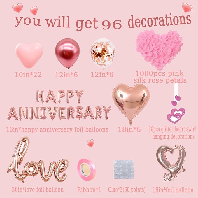 Anniversary Decorations, Happy Anniversary Balloons Banner, Pink Heart Balloons Heart Hanging String Pink Rose Petals for Wedding and Valentines Day Romantic