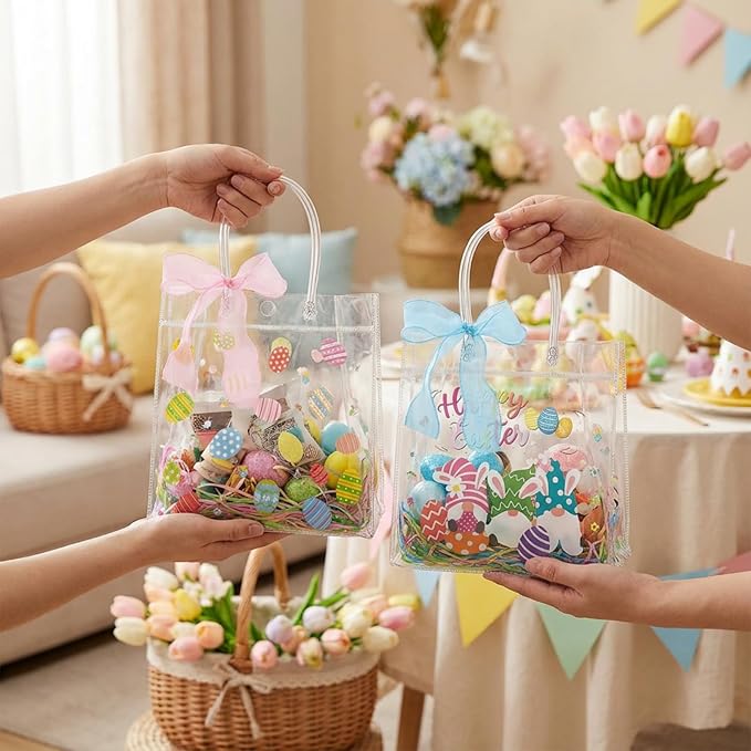 Henoyso 24 Pcs Easter Clear Gift Bags with Handles Plastic Treat Goodie Candy Bags Reusable PVC Party Favor Tote with Ribbon for Easter Birthday Party Gift Wrapping, 7.8 x 7.8 x 3.1 Inches