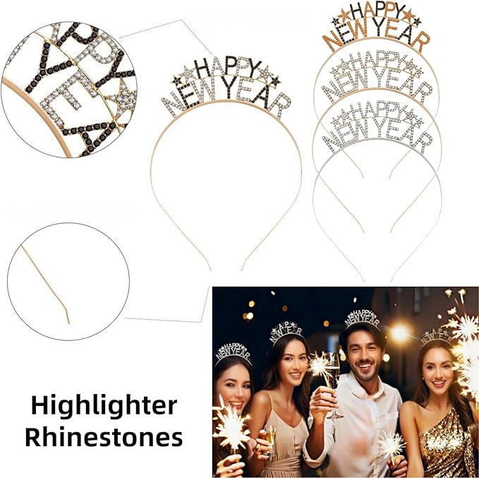 4 PCS 2026 Happy New Year Headbands Glitter Rhinestones New Year's Eve Headband New Year Party Hair Accessories
