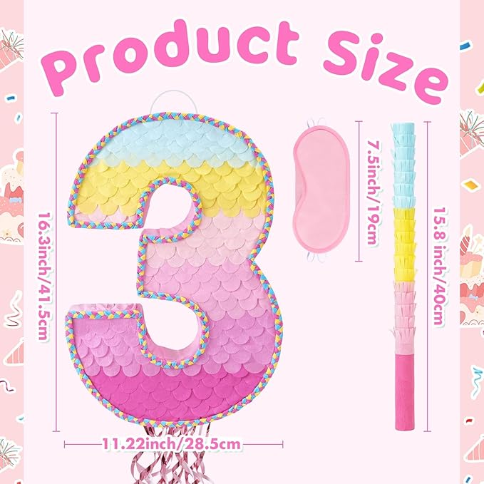 WERNNSAI Pink Sweet Three Piñata - Number 3 Piñata Happy Birthday Decoration Pink Rainbow Design Party Games for Girl Princess Baby Shower Party Favor with Blindfold Anniversary Celebration Supplies