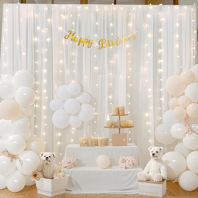 10ft x 10ft White Chiffon Backdrop Curtain with Lights String for Parties,2 Panels Sheer Tulle Curtain Wedding Backdrop with Lights for Baby Shower Birthday Party Ceremony Reception Home Decorations