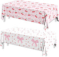 Bow Table Cloth,2 PCS Cherry Tableclothes,Pink Bow Waterproof Disposable Plastic Tablecovers for Birthday Bridal/Baby Shower Cherry-Themed Party Decor