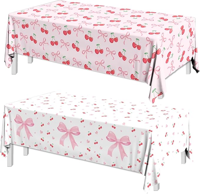 Bow Table Cloth,2 PCS Cherry Tableclothes,Pink Bow Waterproof Disposable Plastic Tablecovers for Birthday Bridal/Baby Shower Cherry-Themed Party Decor
