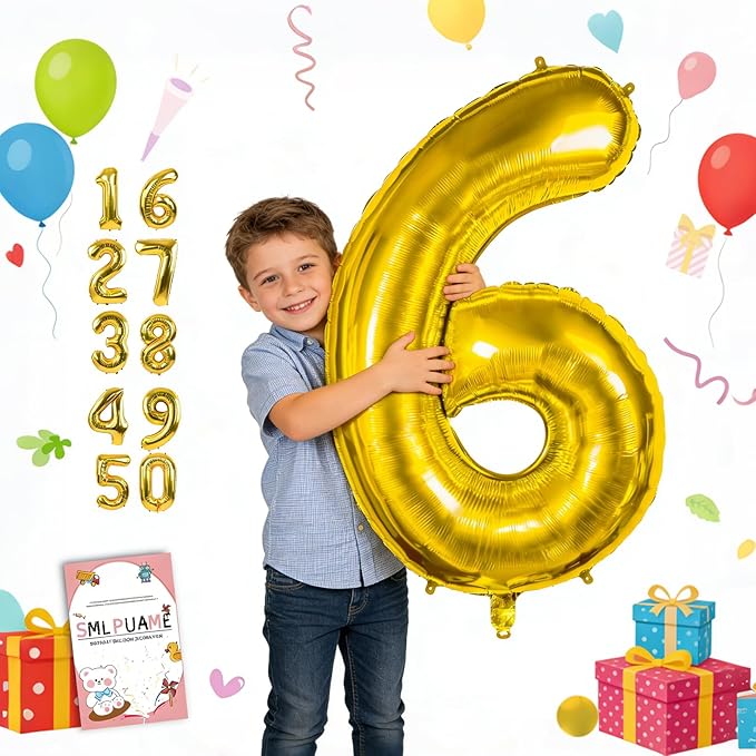 Smlpuame 40 inch Number Balloon 0-9 Gold Large Number 6 Balloons,Digital Balloons for Birthday Party Celebration Decorations Supplies, Helium Foil Number Balloons for Wedding Anniversary