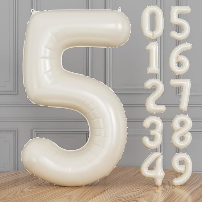 Cream Number 5 Balloons – 40 Inch Giant Foil Number Balloon, Light Cream Number Balloon for Birthday Anniversary Baby Shower Party Decorations