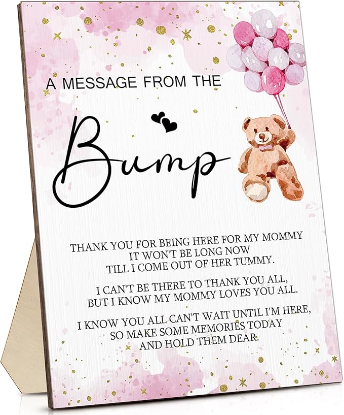 Roowest Cool Baby Shower Tabletop Decoration a Message from the Bump Wooden Baby Shower Games Sign Greenery Cute Gender Reveal Party Thank You Sign, 11.2 x 8.66 Inches(Girl Bear)