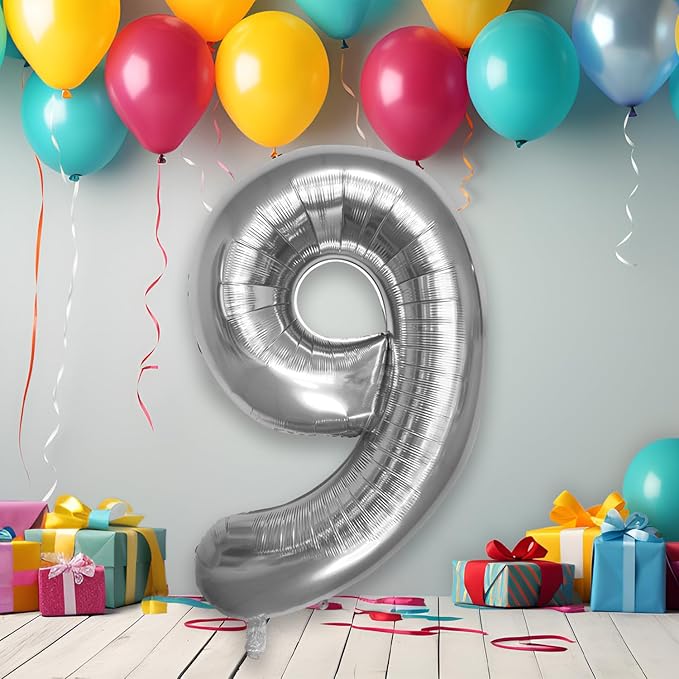 40 Inch Large Silver Number Celebration and Decoration Balloon for Birthday Parties, Graduations, Anniversaries, Weddings, Photo Shoots, Special Events - Helium Foil (Silver Number 9)