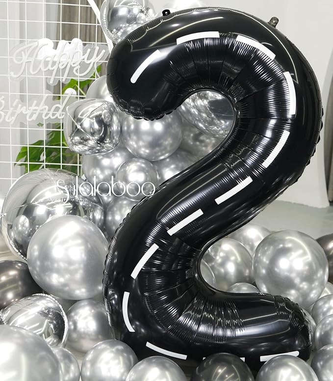 Race Car 40Inch Black 2 Balloon Number Large Helium Race Track 0-9 Giant Digital 2nd Foil Mylar Big Party Number Balloons for Boy Birthday Car Theme Party Anniversary Graduation Decorations