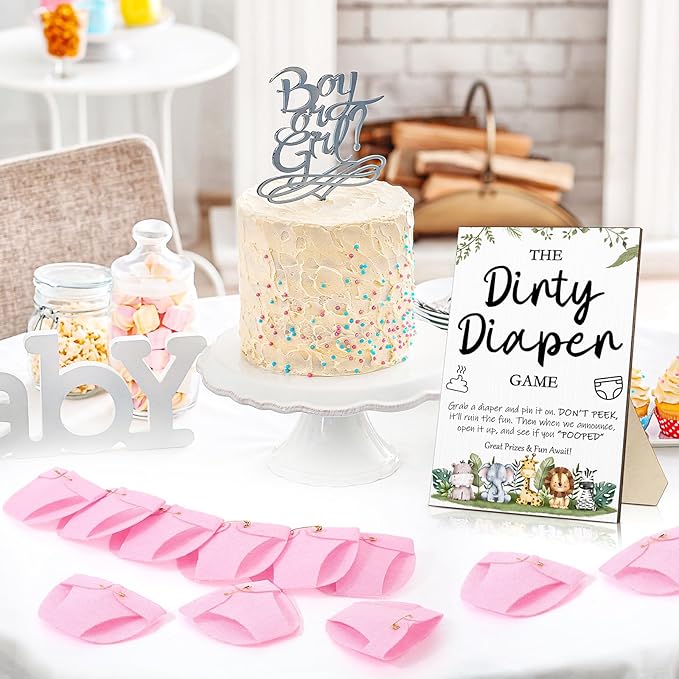 Roowest 51 Pcs Dirty Diaper Baby Shower Games Funny Wooden Sign with 50 Pcs Mini Diapers Cute Felt for Gender Reveal Party Baby Shower(Animals Pink)