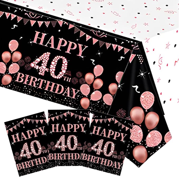 3 PCS 40th Black and Rose Gold Tablecloth Decorations Disposable Plastic Rectangle 40th Birthday Tablecloth for Girls Women Birthday Party Supplies (54x108inch)