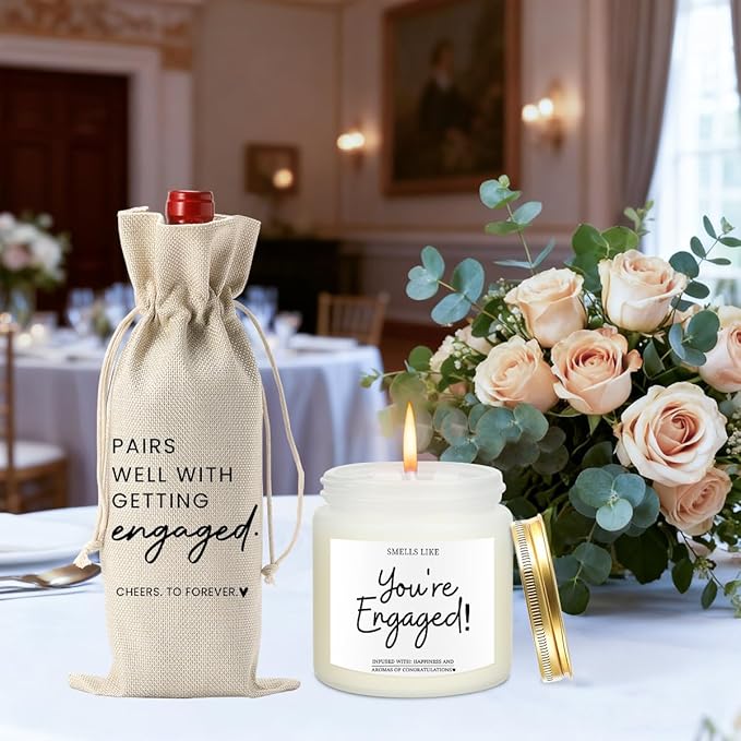 FBCCZEY Engagement Gifts for Couples Her Engagement Party Decorations Gift for Couple Wine Bag Scented Candles Set Pairs Well with Getting Engaged Gifts Wine Bottle Bag