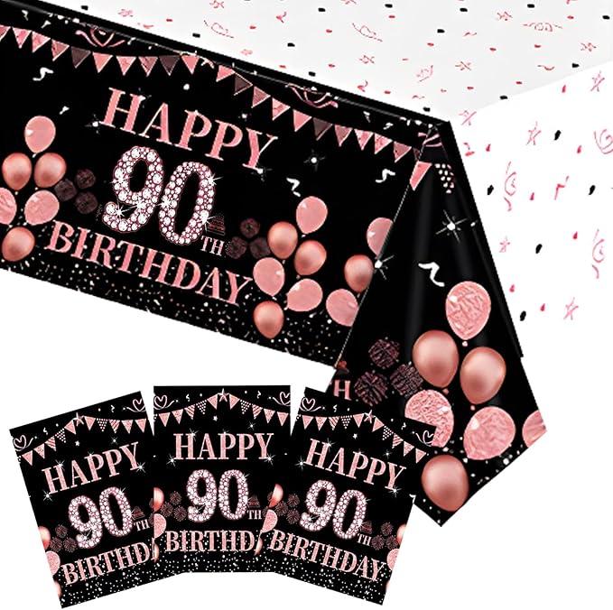 3PCS 90th Birthday Tablecloth 90 Year Old Black and Rose Gold Birthday Decorations Cheers to 90 Years Table Cloth Disposable Plastic Rectangular Table Cloth for Women