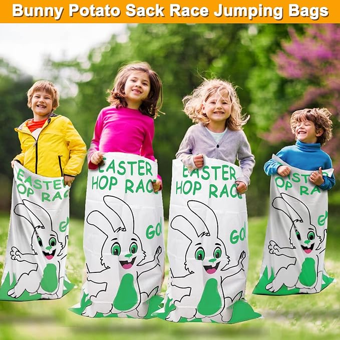 19 Pack Easter Outdoor Party Games for Kid Family, School Carnival Game 4 Bunny Potato Sack Race Bag, Egg and Spoon Relay Race, 2 3-Legged Band, 1 Ear Ring Toss Game (4 Score Rings) Easter Eggs Hunt