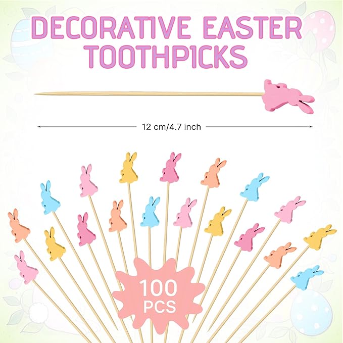 100 Pcs Easter Toothpicks, 4.72 Inch Easter Cocktail Picks for Appetizers, Long Bamboo Toothpicks, Decorative Toothpicks Skewers for Holiday Birthday Party Decorations (Easter Rabbits)