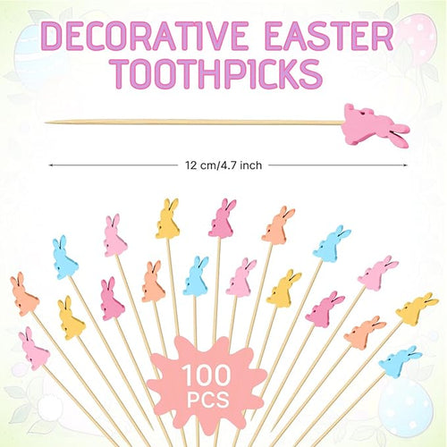 100 Pcs Easter Toothpicks, 4.72 Inch Easter Cocktail Picks for Appetizers, Long Bamboo Toothpicks, Decorative Toothpicks Skewers for Holiday Birthday Party Decorations (Easter Rabbits)